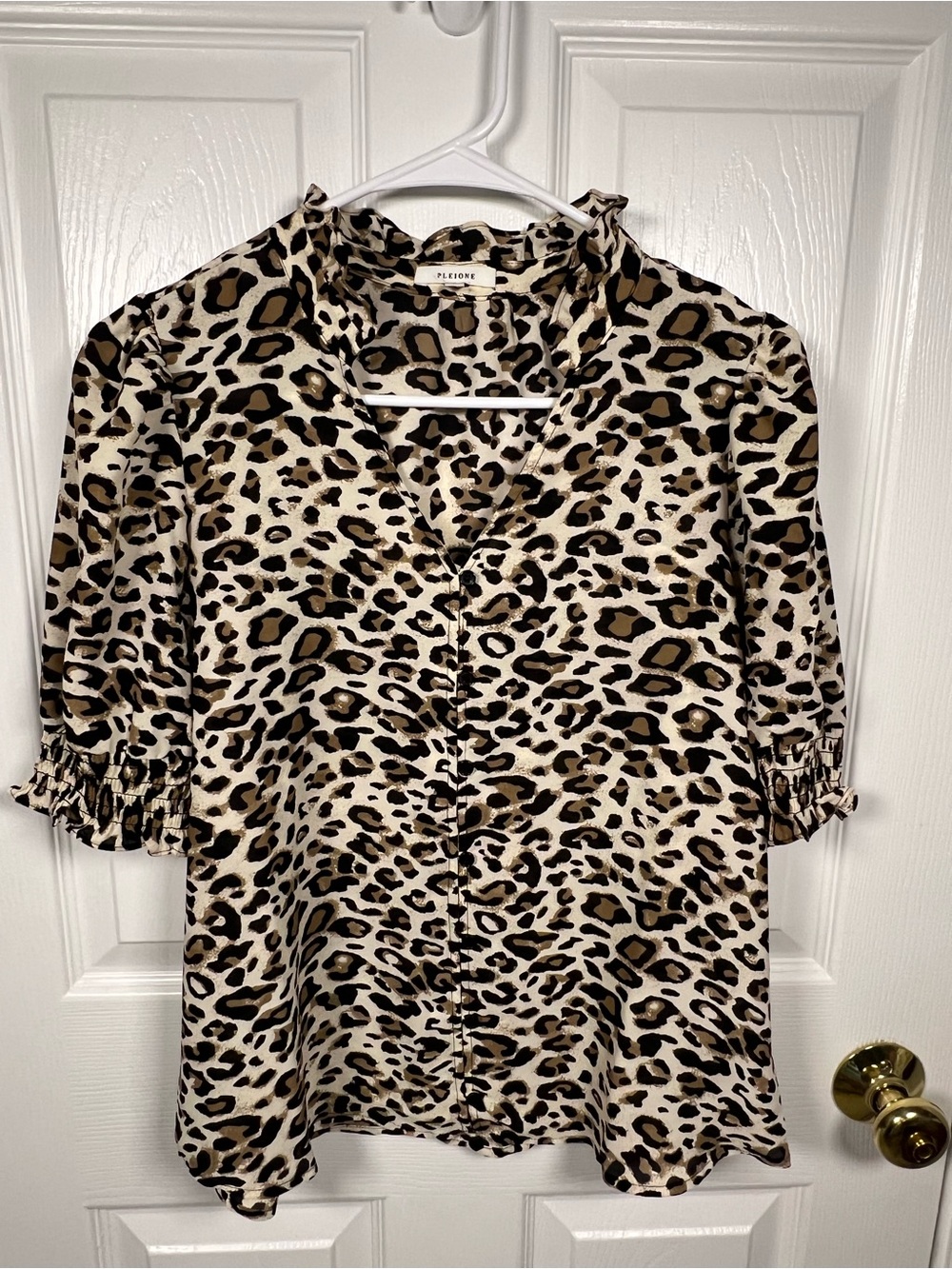 Pleione Leopard Print Button-Down Blouse in Brown/Black